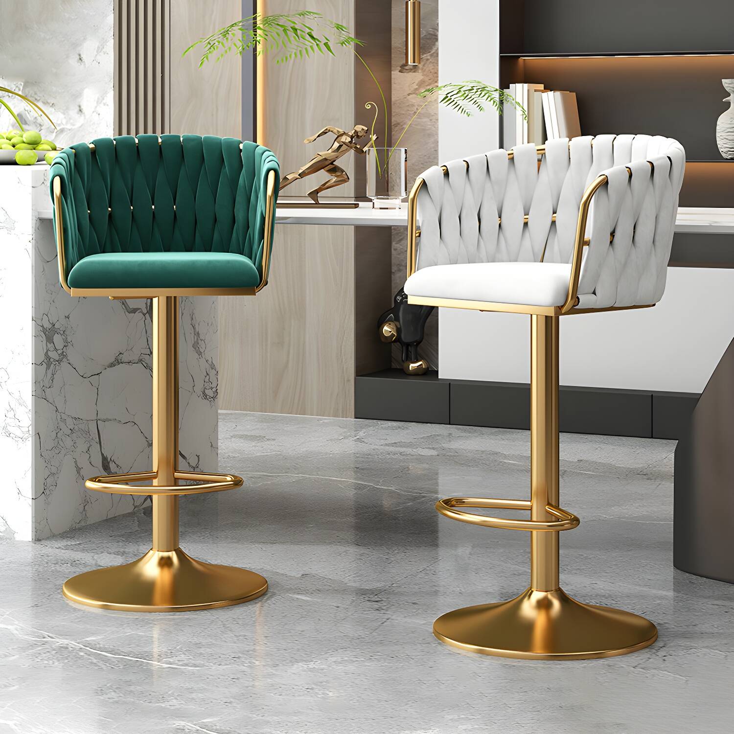 Elegant Velvet Upholstered Swivel Bar Stool with Adjustable Height and Low Back
