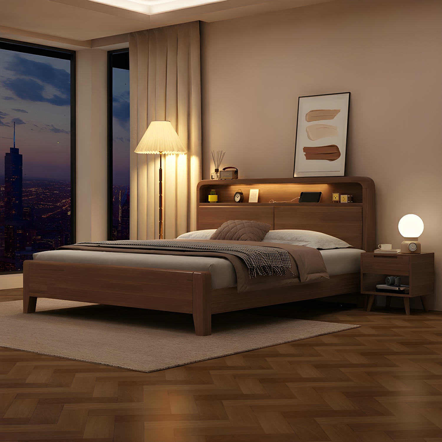 Modern Brown Wood Panel Bed with Adjustable Headboard Included