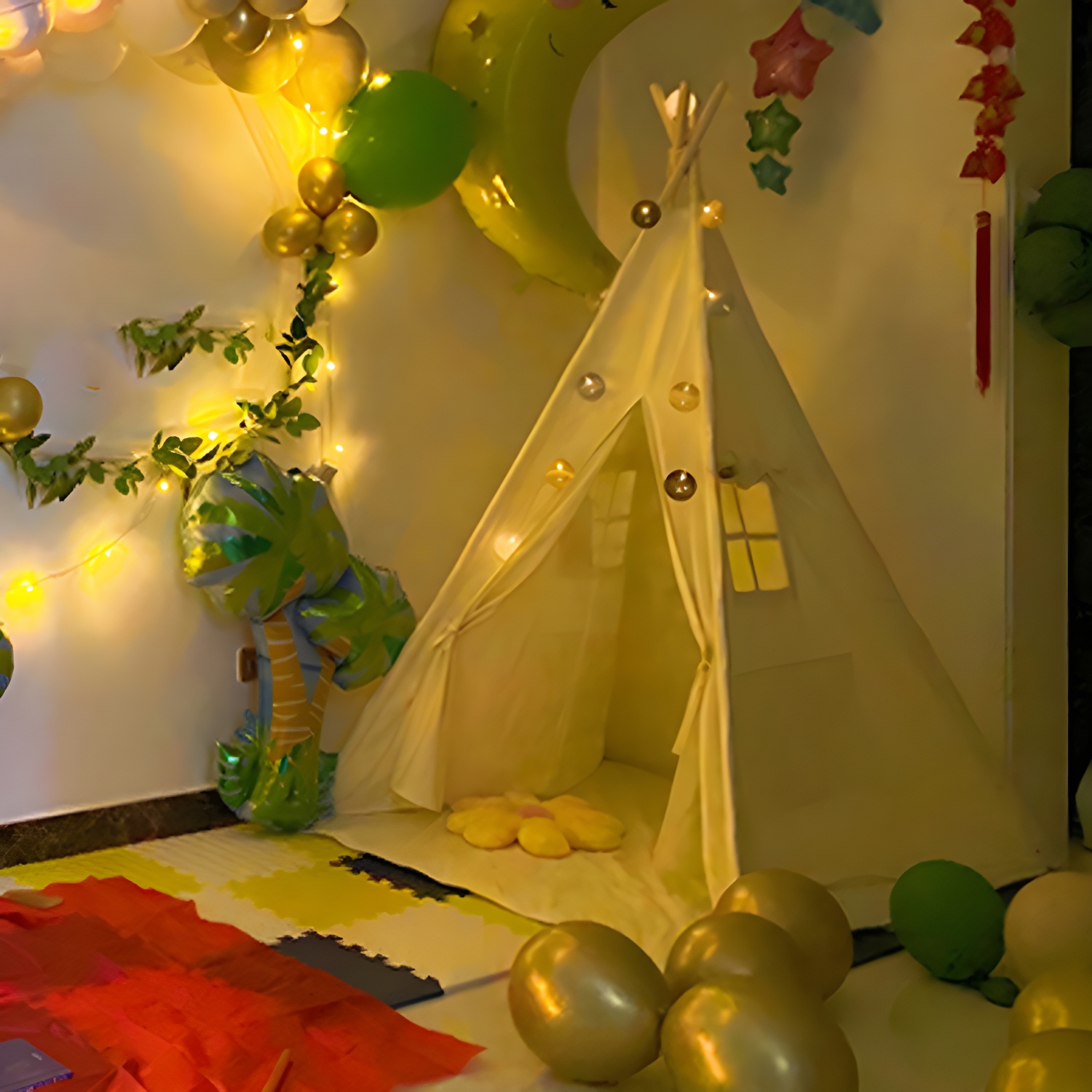 Modern White Canvas Triangular Play Tent for Indoor Play with Lights Included