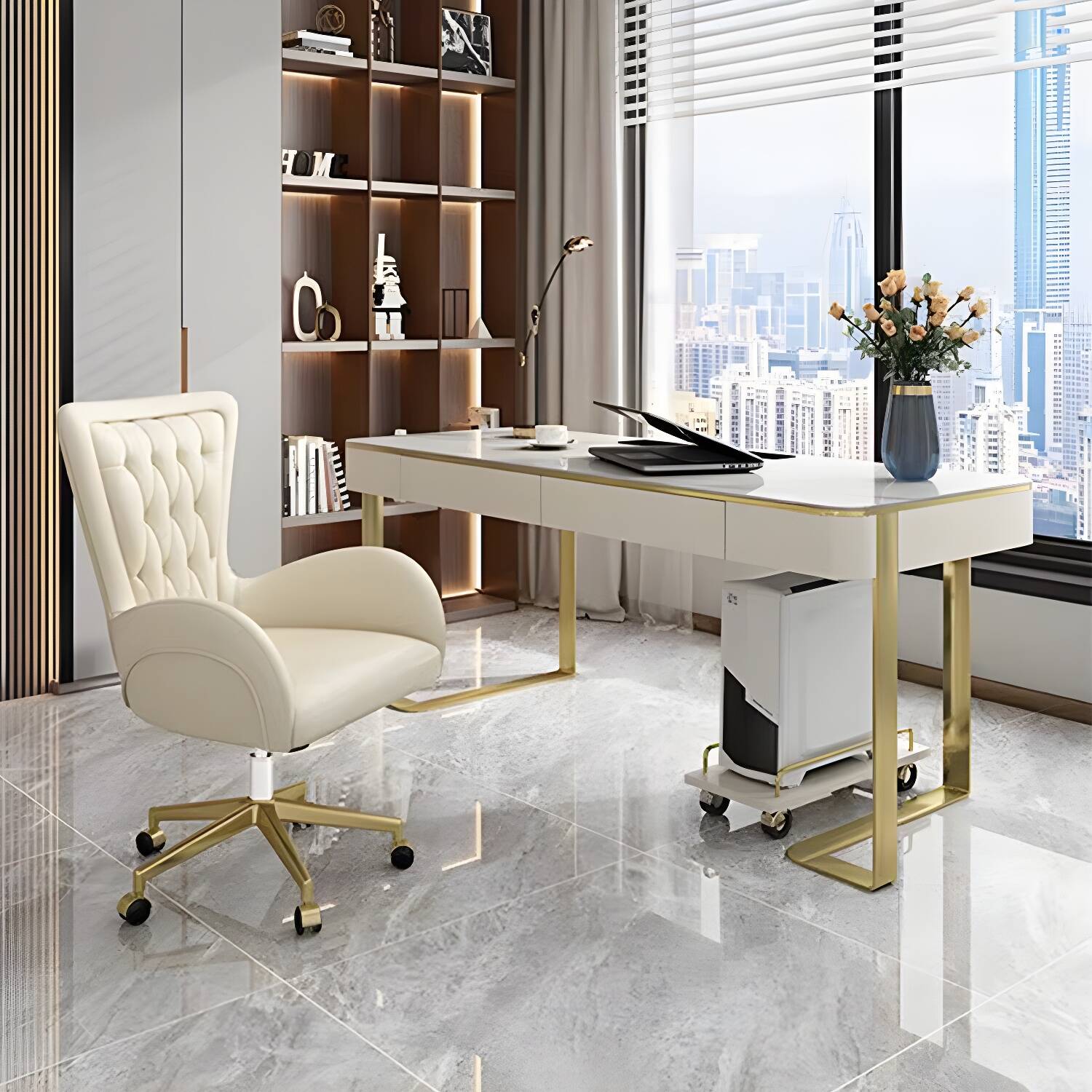 Luxurious Gold Steel Task Chair with Adjustable Height & Leather Construction