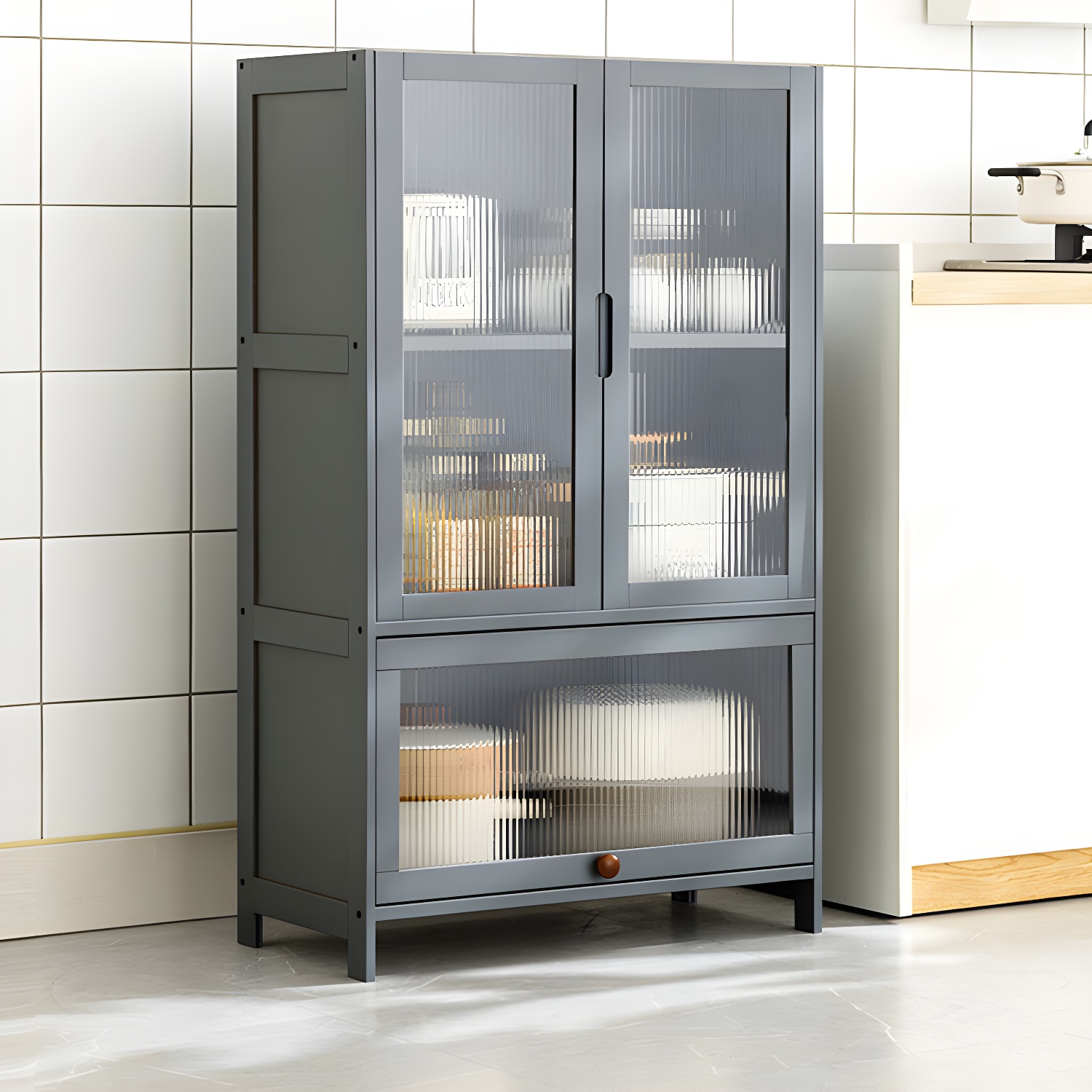 Modern Bamboo China Cabinet with Hinged Door & Assembly Needed