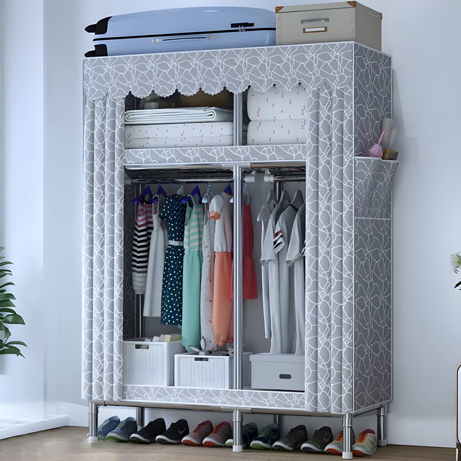 Modern Steel Sliding Wardrobe Armoire with Shelves and Clothing Rod