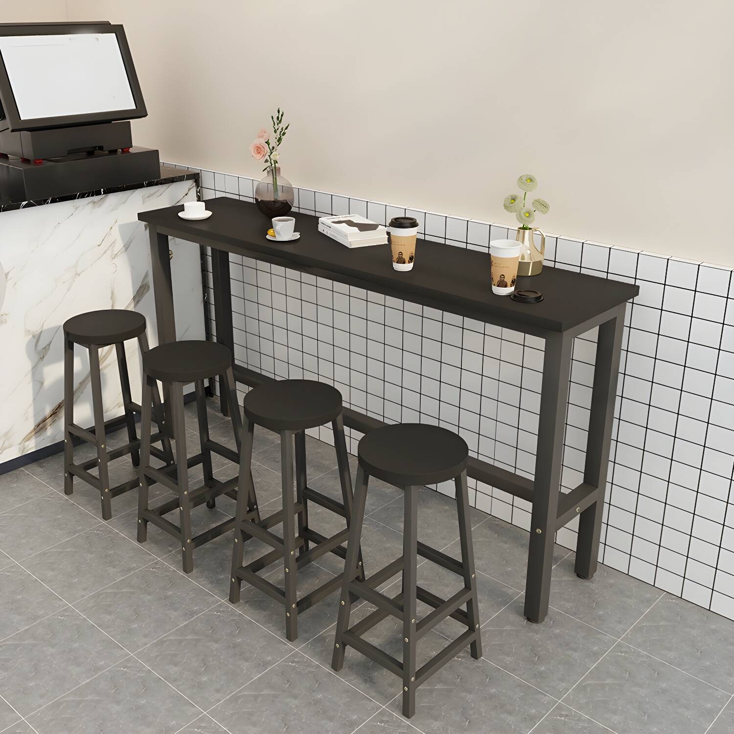 Modern Counter Height Rectangular Bar Table with Wood Top and Metal Trestle Base - Footrest Included