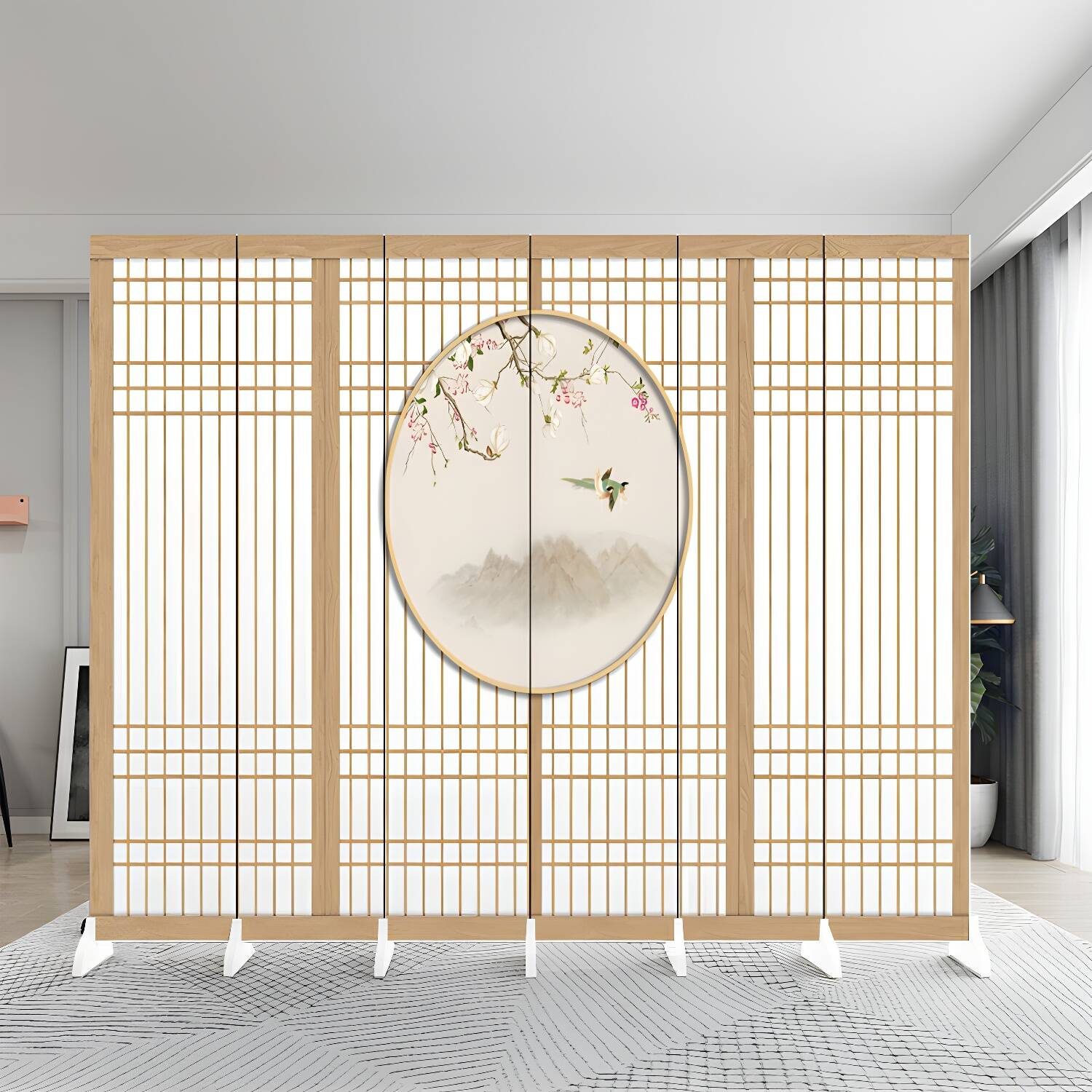 Elegant 6-Panel Wooden Folding Room Divider with Modern Print Design and Opaque Screens