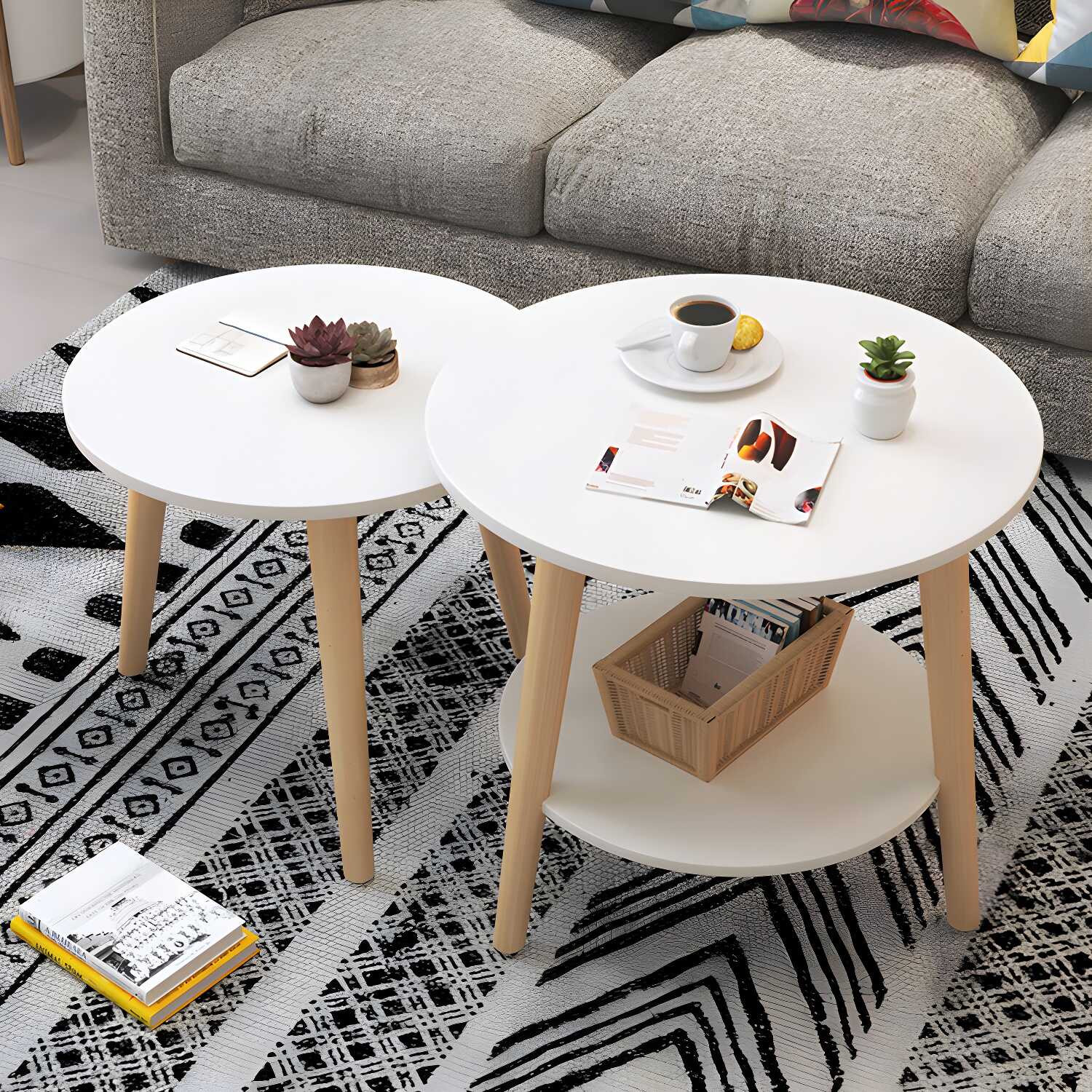 Scandinavian Style Round Wood Side Table with Three Leg Base and Manufactured Wood Top