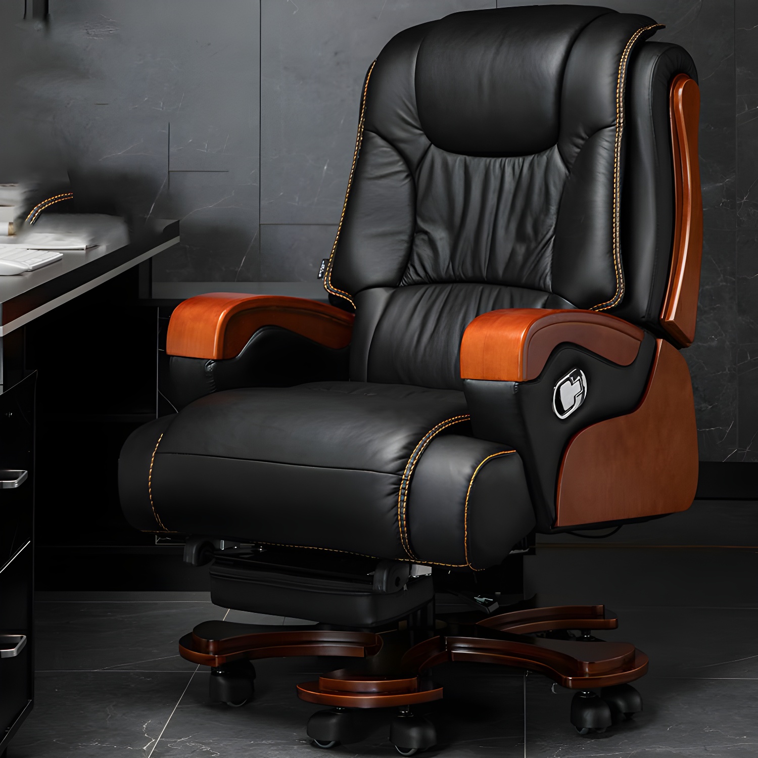 Modern Black Leather Executive Office Chair with Casters and Adjustable Back Angle