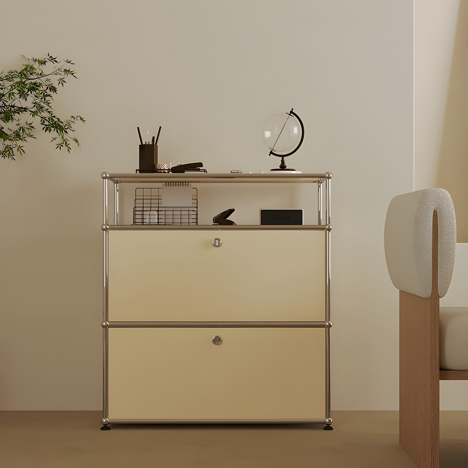 Modern White Wooden Filing Cabinet with Shelves - Organize Your Office with Style