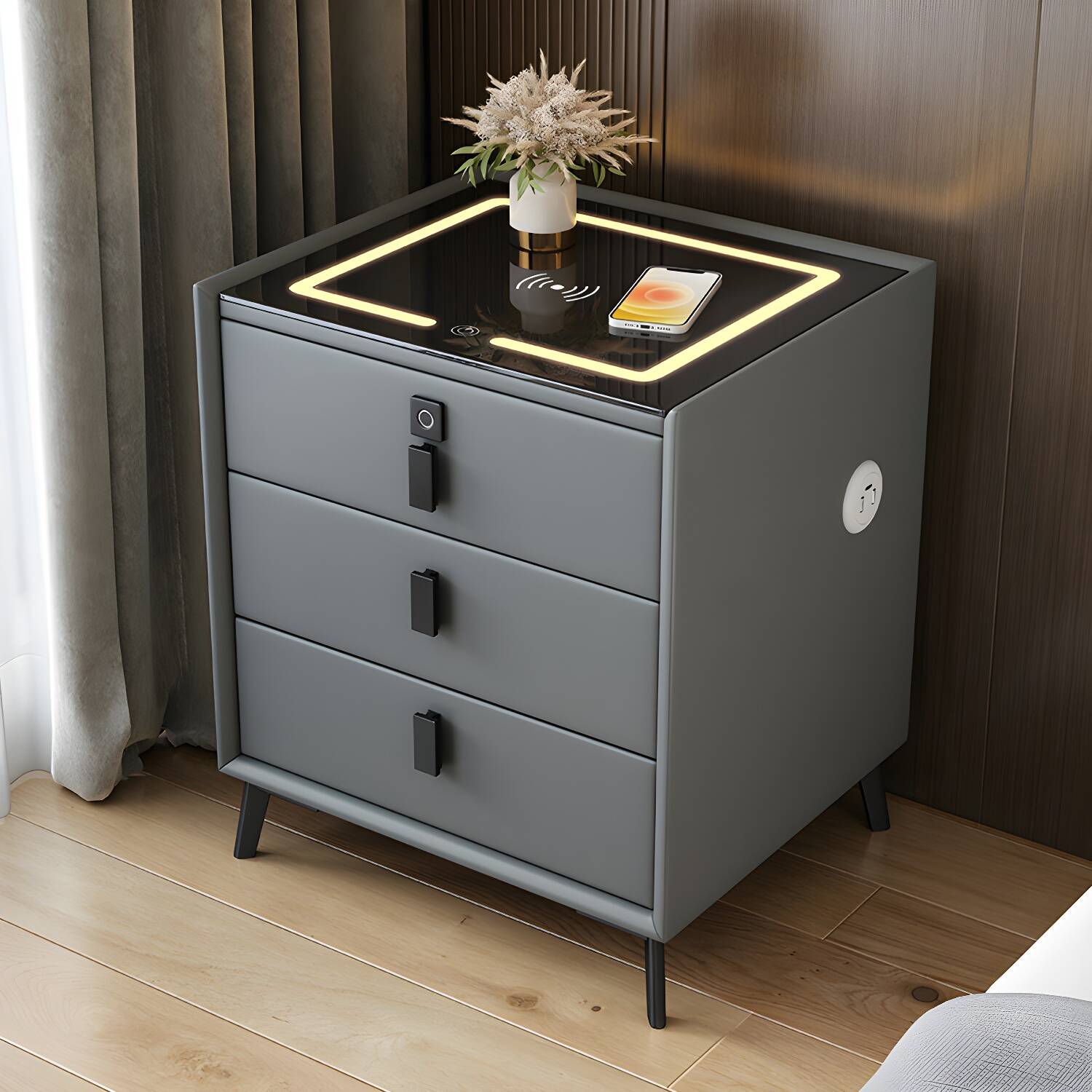Modern Light Wood Nightstand with Glass Top and Drawers Included