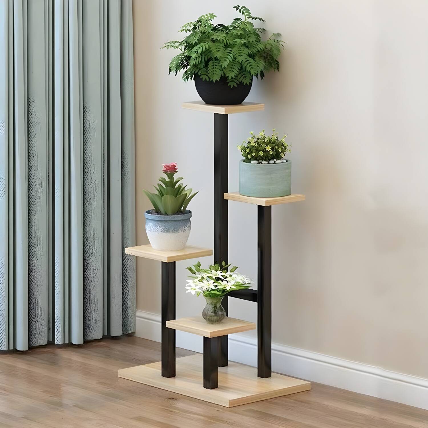Modern 4-Tier Square Wood and Metal Plant Stand with Shelves