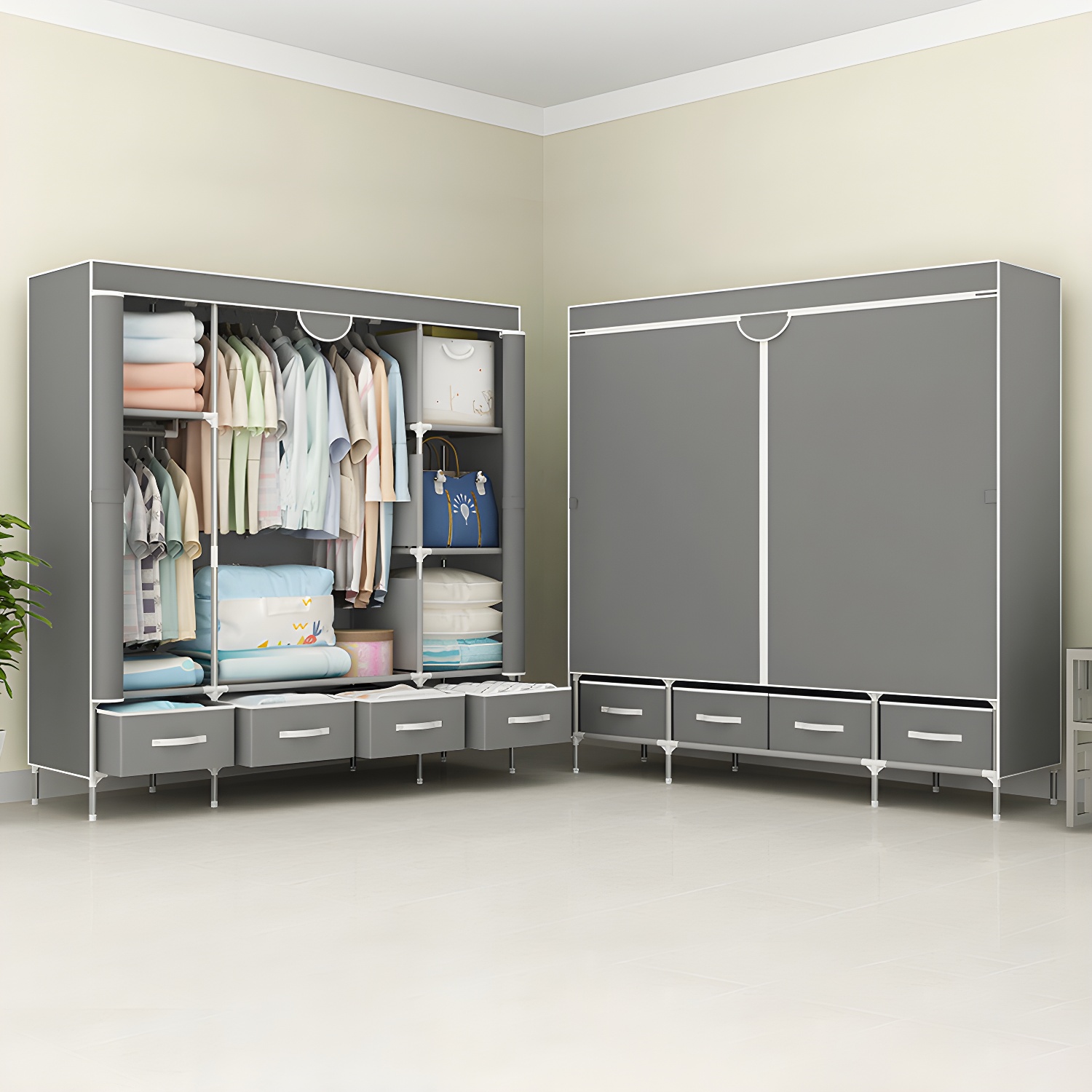 Modern Steel Wardrobe Armoire with 8 Shelves & Clothing Rods for Organized Storage