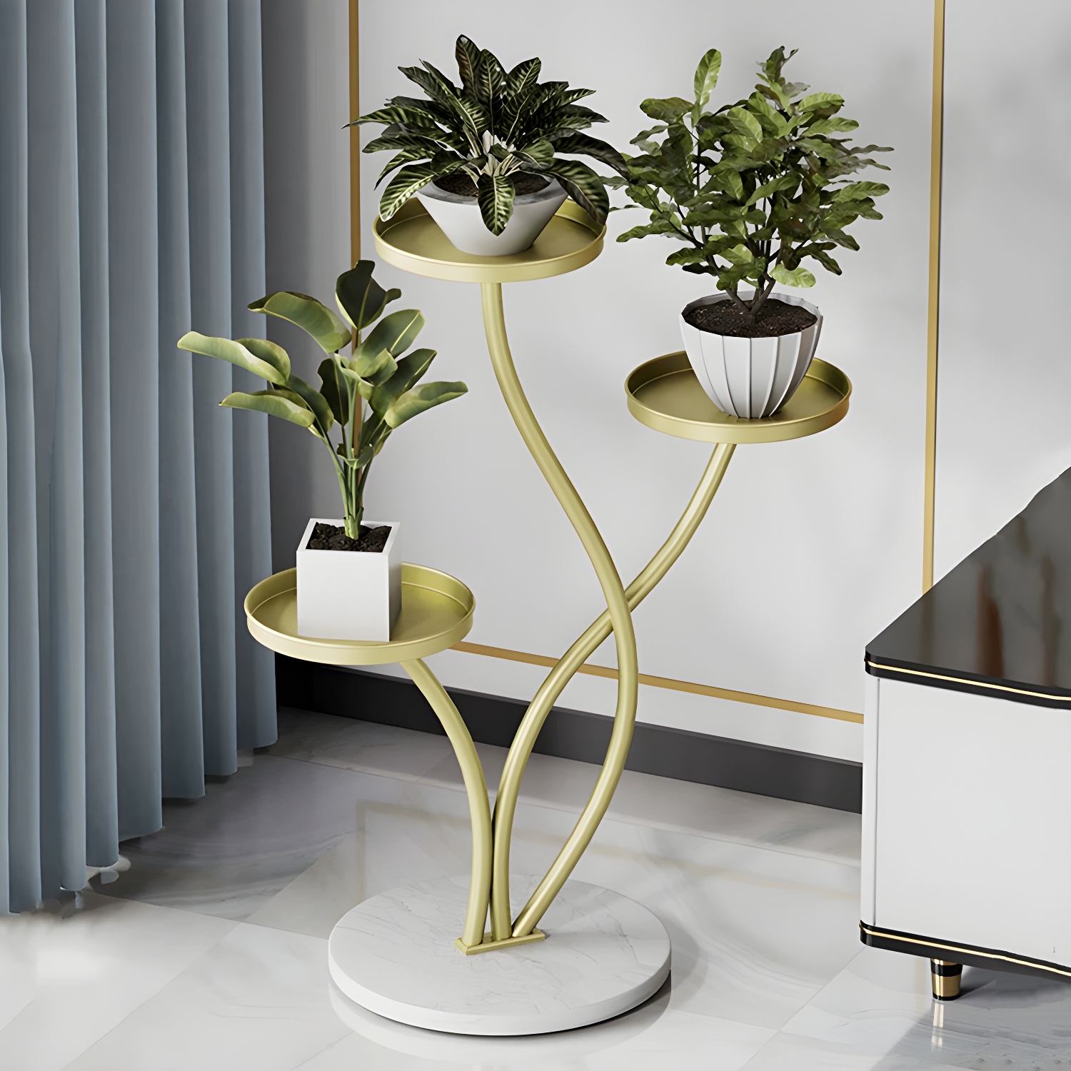 Elegant Round Metal Plant Stand with 3 Shelves and Stone Base