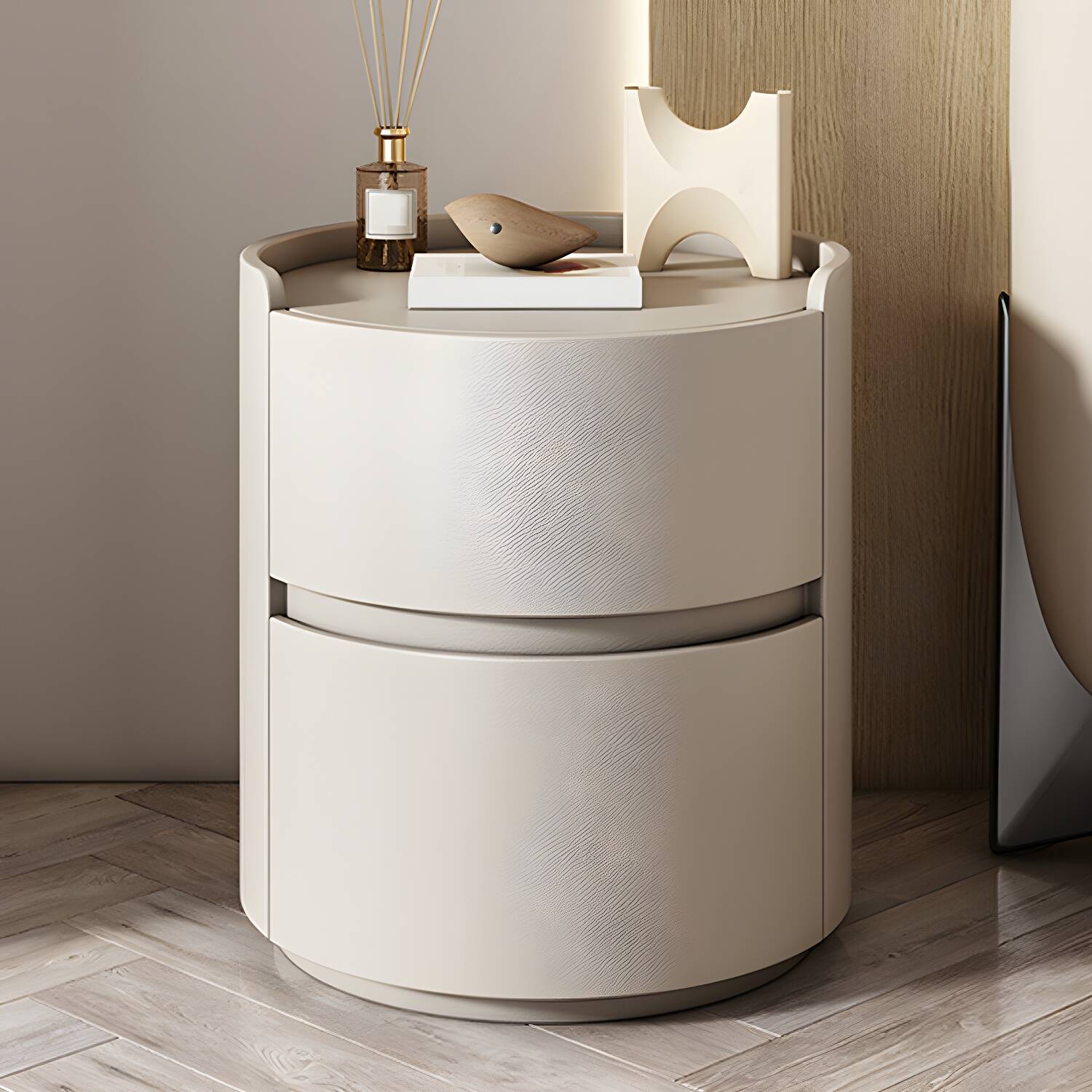 Modern Faux Leather Round Nightstand with 2 Drawers, Light Wood Tone