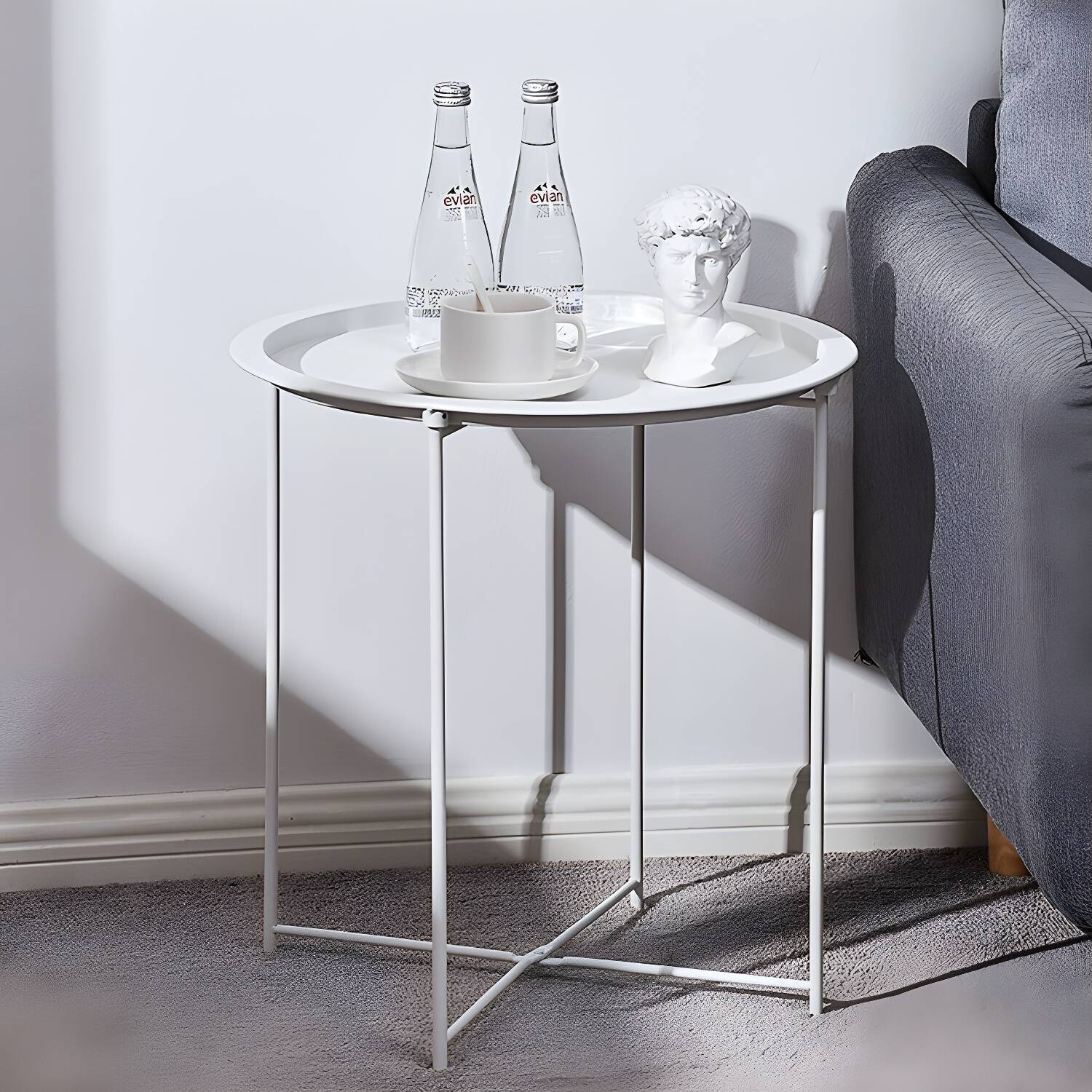 Scandinavian Style Stainless Steel Round Tray Top Side Table with Cross Legs
