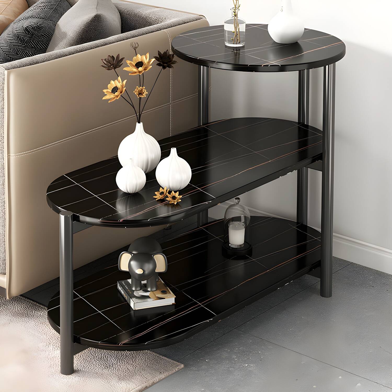 Modern Oval Wood Side Table with Iron Four Leg Base and Storage Included