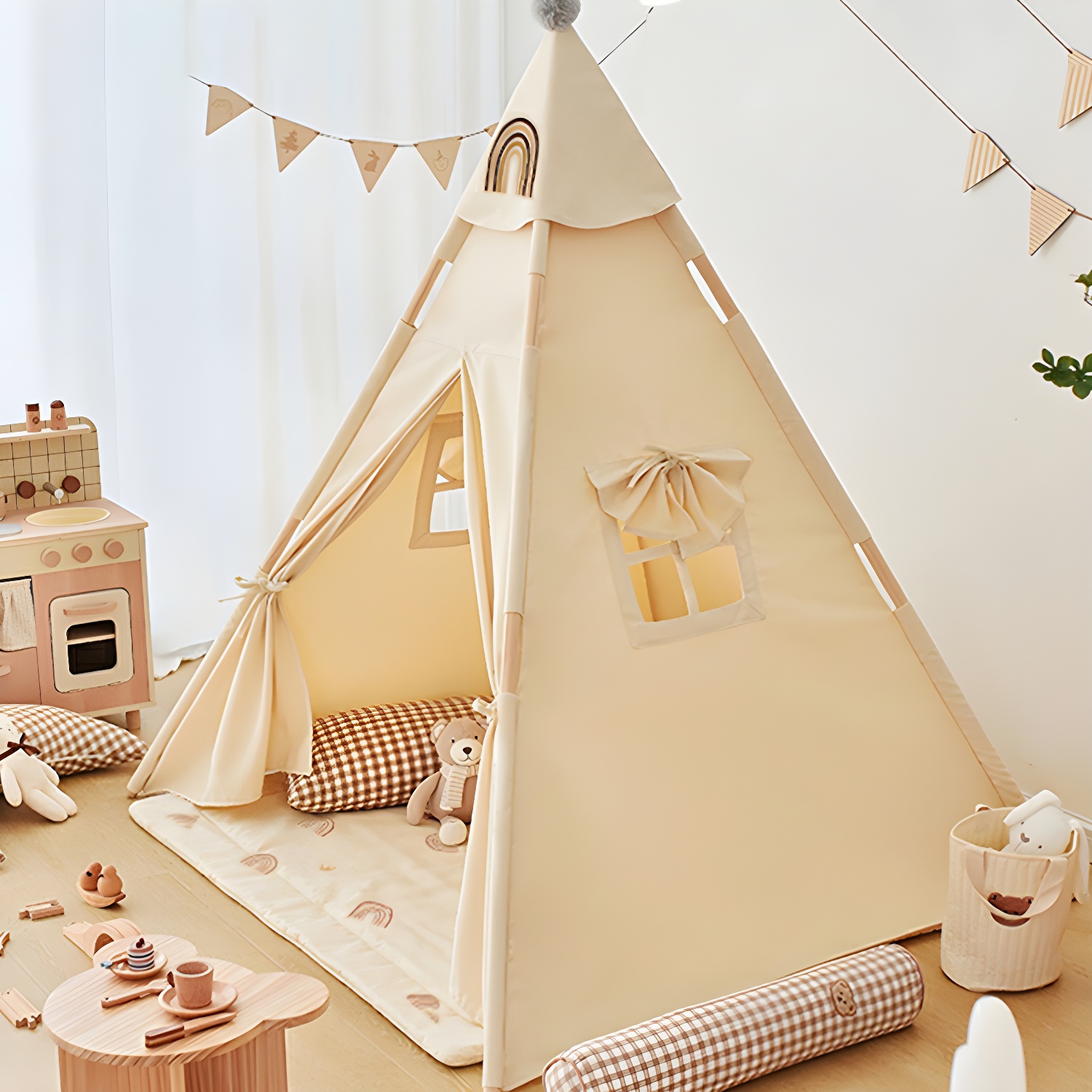 Modern Triangle Fabric Play Tent with Windows and Lights Included for Indoor Play