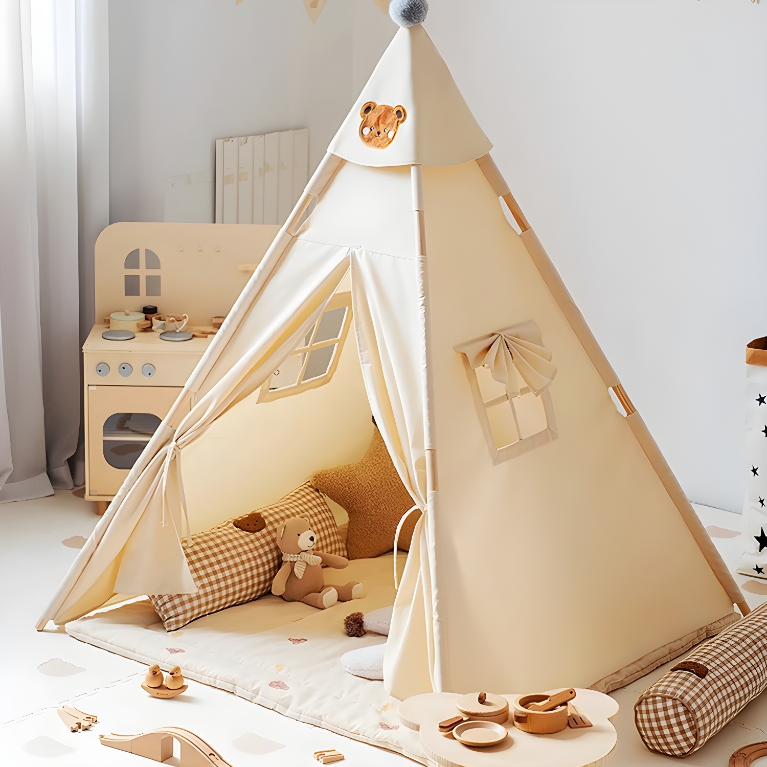 Modern Triangular Play Tent with Windows and Lights Included in Medium (3'-5') Size