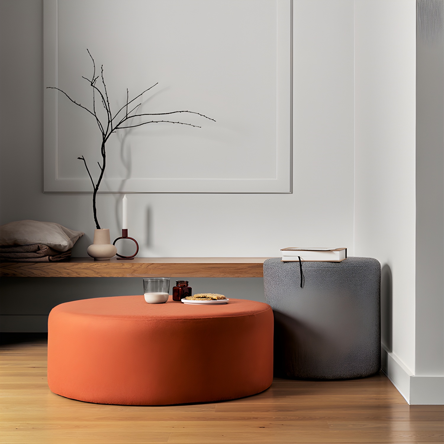 Modern Round Pouf Ottoman in Solid Colour Cotton Blend Upholstery for Comfortable and Stylish Living