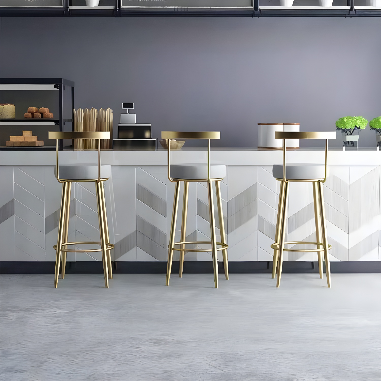 Glam Gray Upholstered Counter Stool with Gold Metal Base and Low Back for Bar and Kitchen