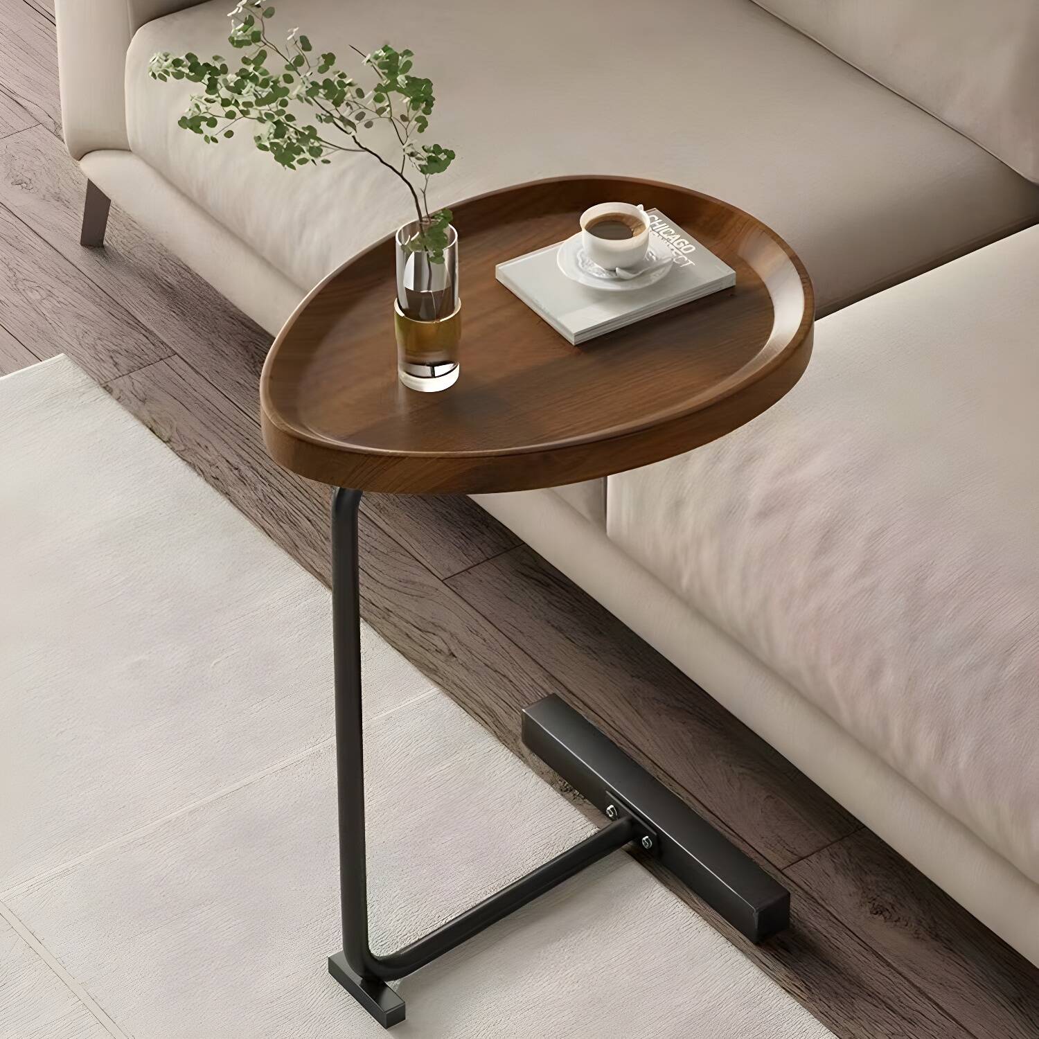 Oval Wood Tray Top C Table with Modern Iron Base, Compact and Stylish Home Table