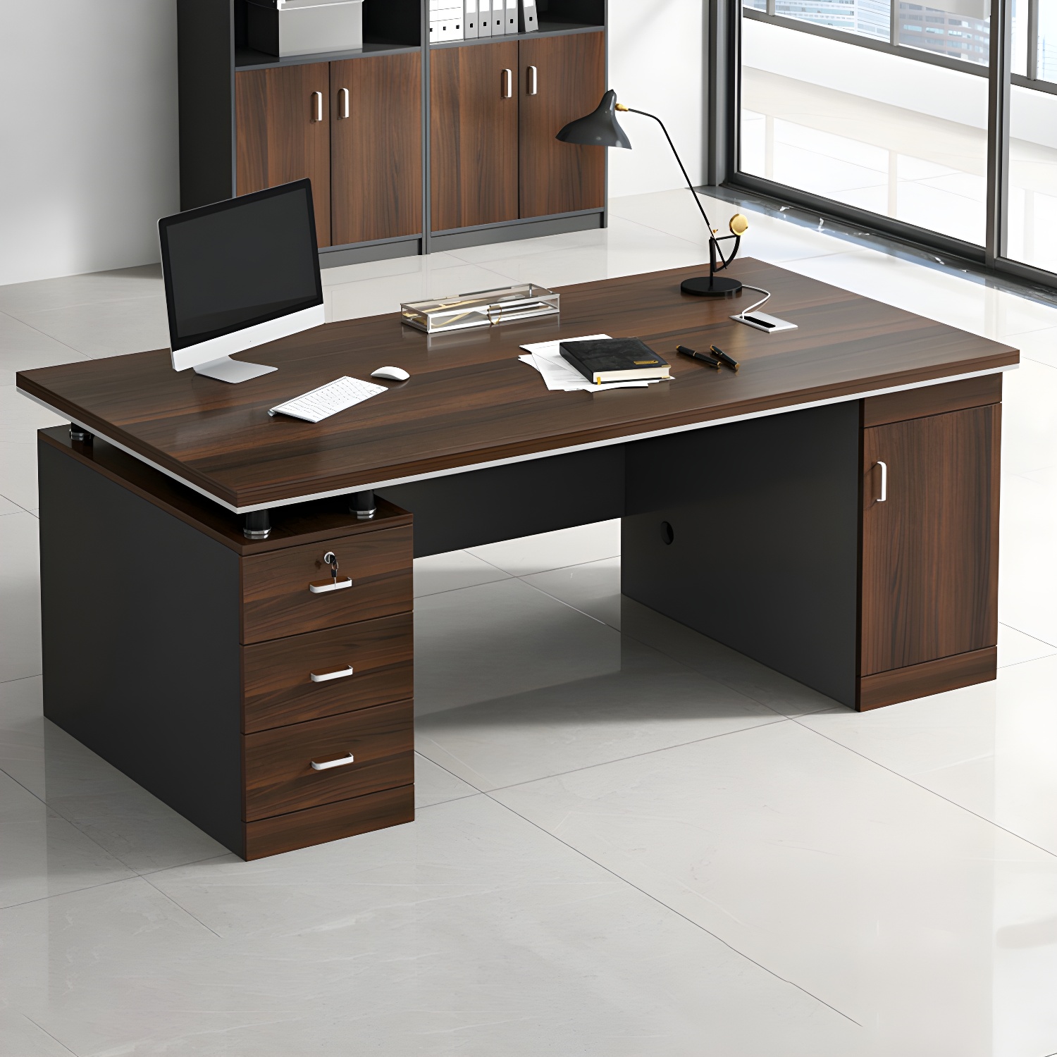 Traditional Brown Wood Desk with Drawers and Cabinet for Office