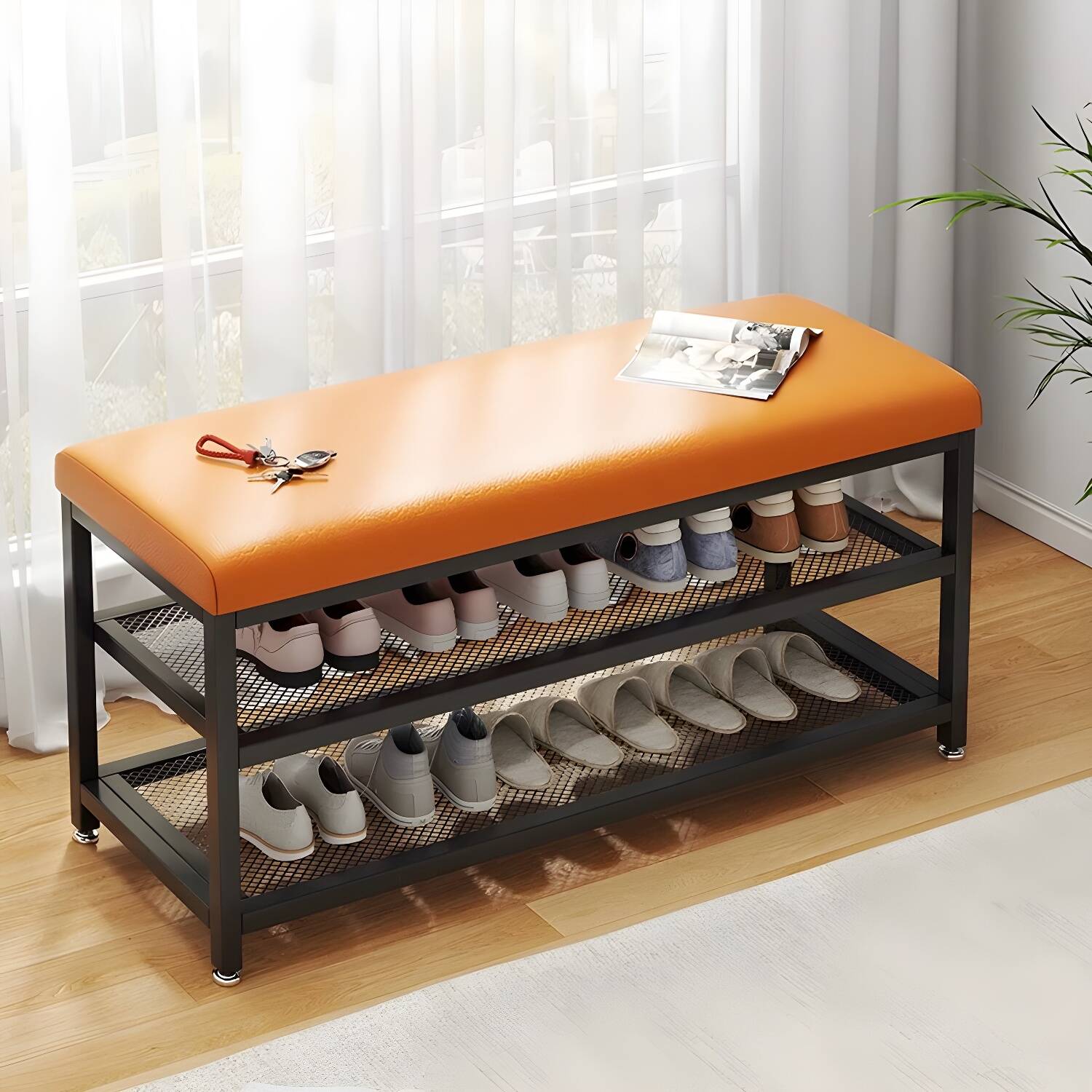 Iron-Metal Industrial Upholstered Entryway Bench with Short Height