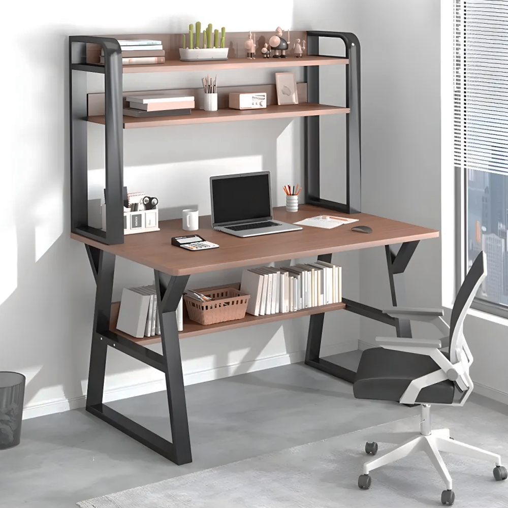 Modern White Wood Desk with 3 Exterior Shelves and Bookcase for Home Office