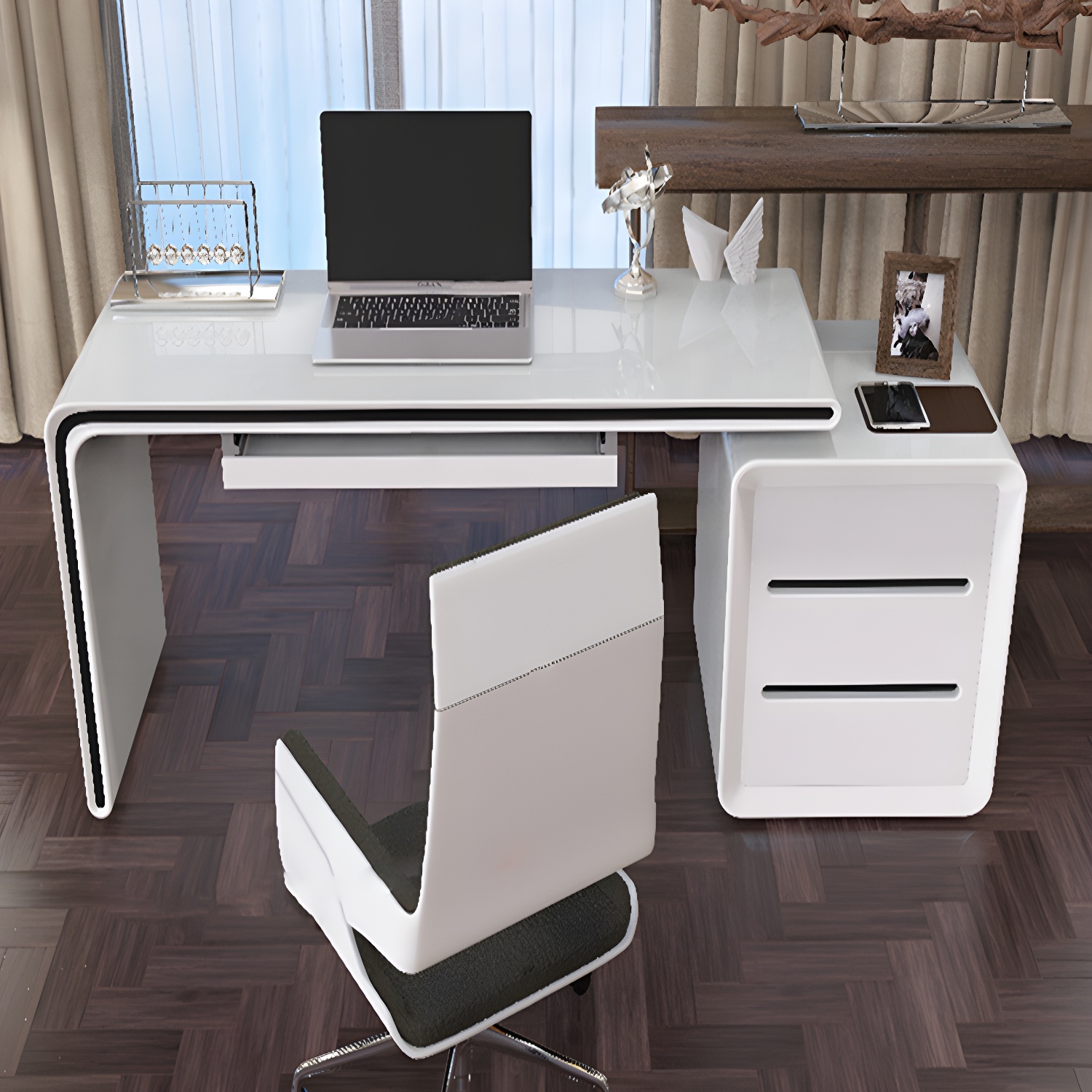Contemporary White Executive Desk with Drawers and Wood Top for Home Office
