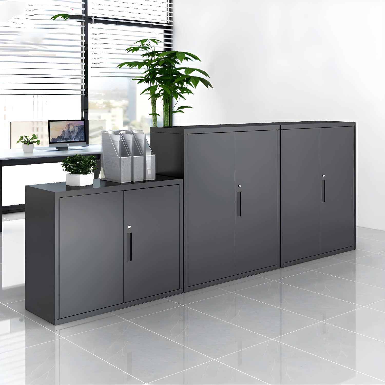 Modern Black Steel Office Storage Cabinet with Locking Door and Adjustable Shelves