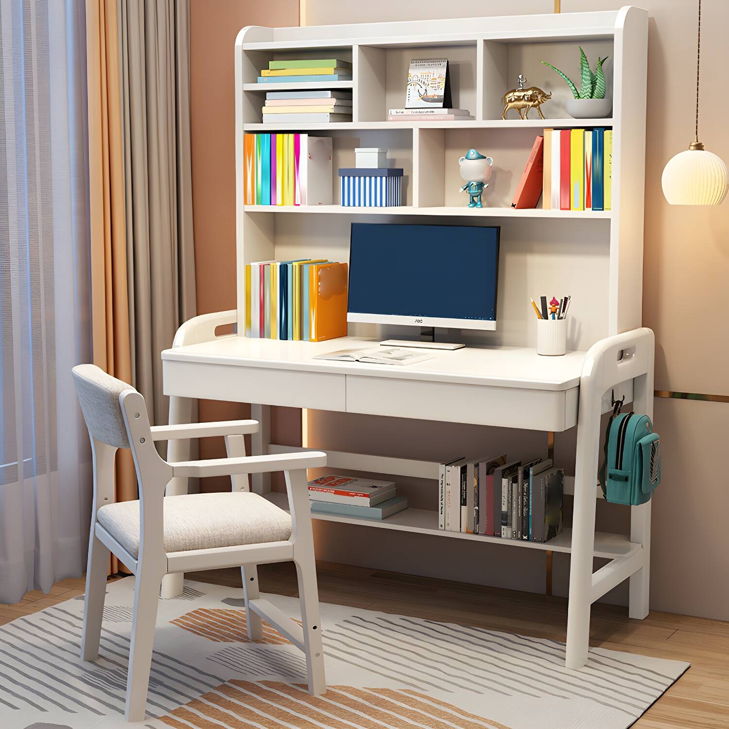 Modern Wood Writing Desk with 2 Drawers and Wall-Mounted Hutch