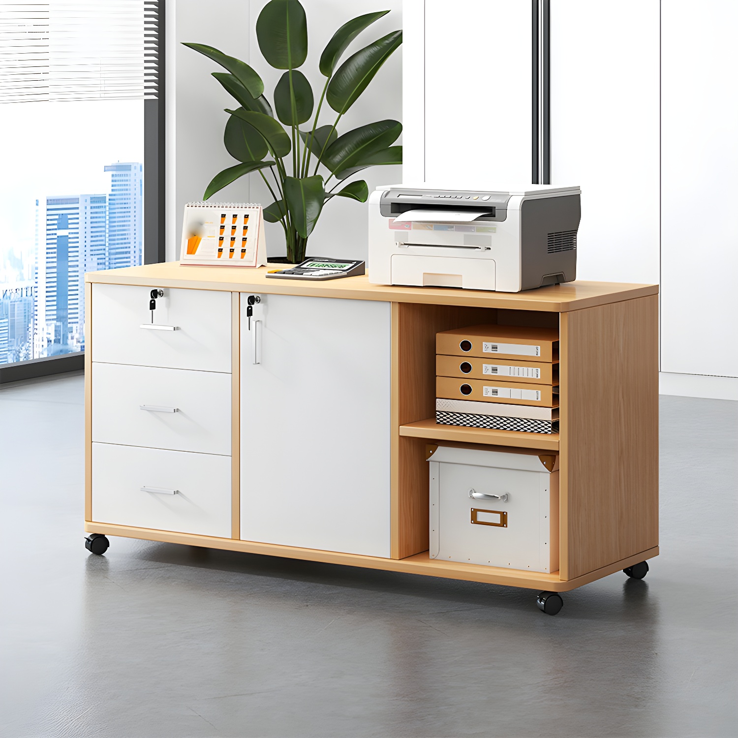 Modern Wooden Credenza with Lockable Drawers and Casters Included