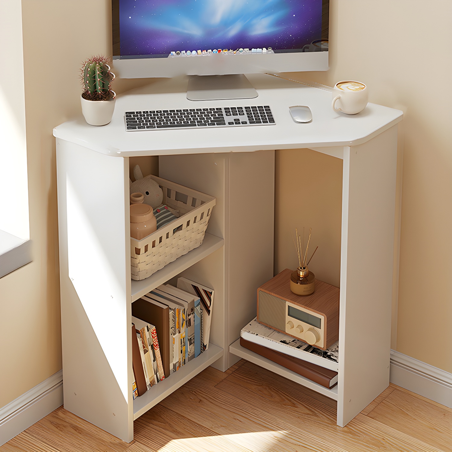 Modish Corner Computer Desk with Wood Pedestal Base and 3 Exterior Shelving for Office Use