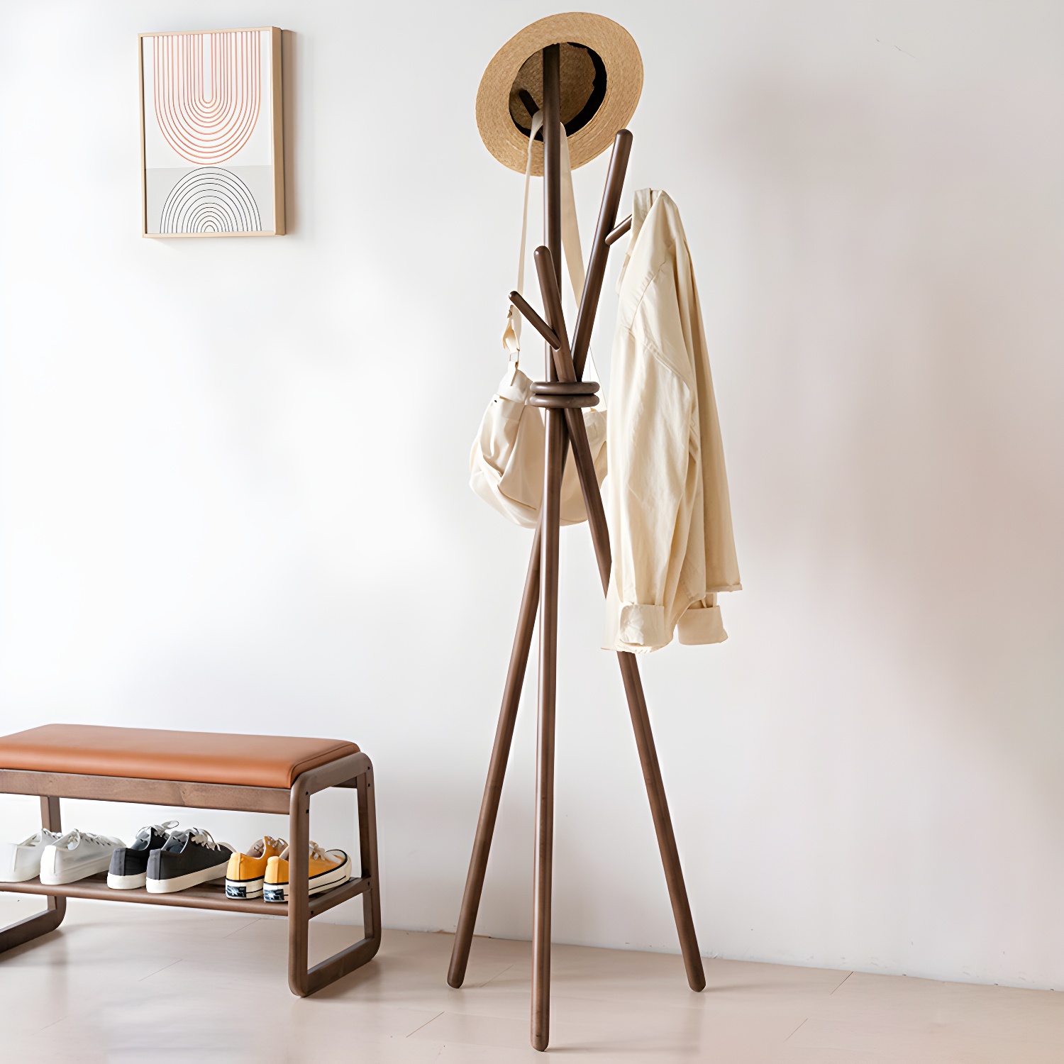 Scandinavian Wood Coat Rack with 6 Hooks for Entryway Organization