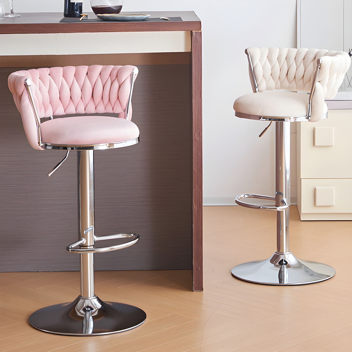 Velvet Low Back Swivel Bar Stool with Adjustable Height and Metal Pedestal Base