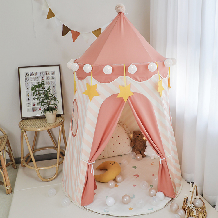 Princess Pink Striped Play Tent with 2 Windows, Lights Included for Indoor Use