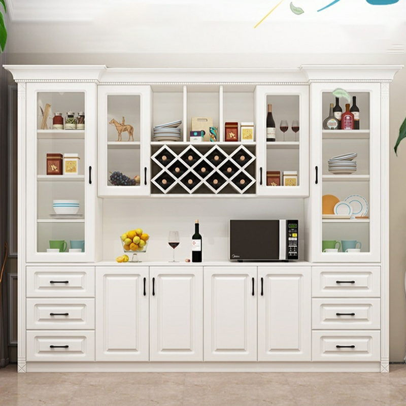 Modern Wood Dining Hutch with Glass Doors and Wine Storage Cabinet