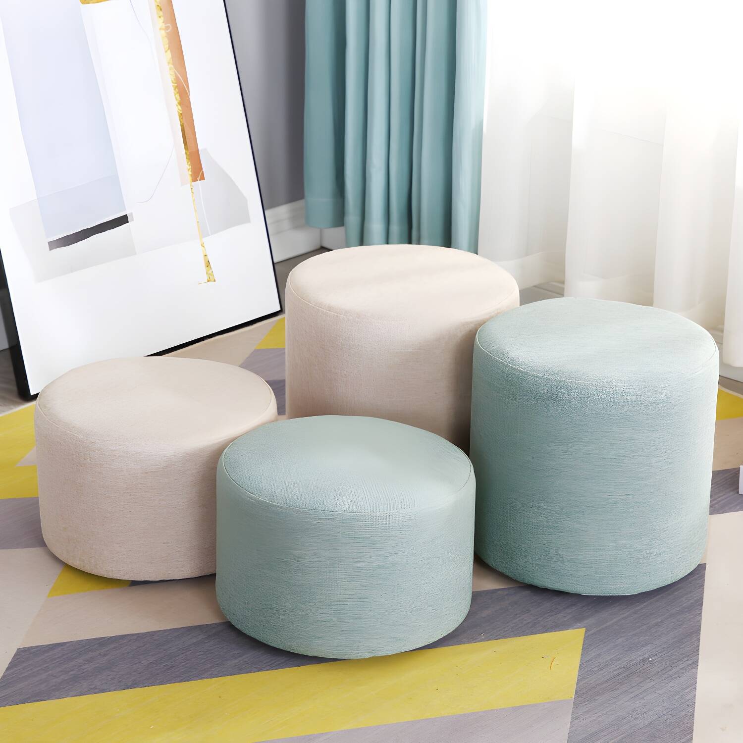Modern Round Pouf Ottoman in Cotton Blend Upholstery with Wood Frame