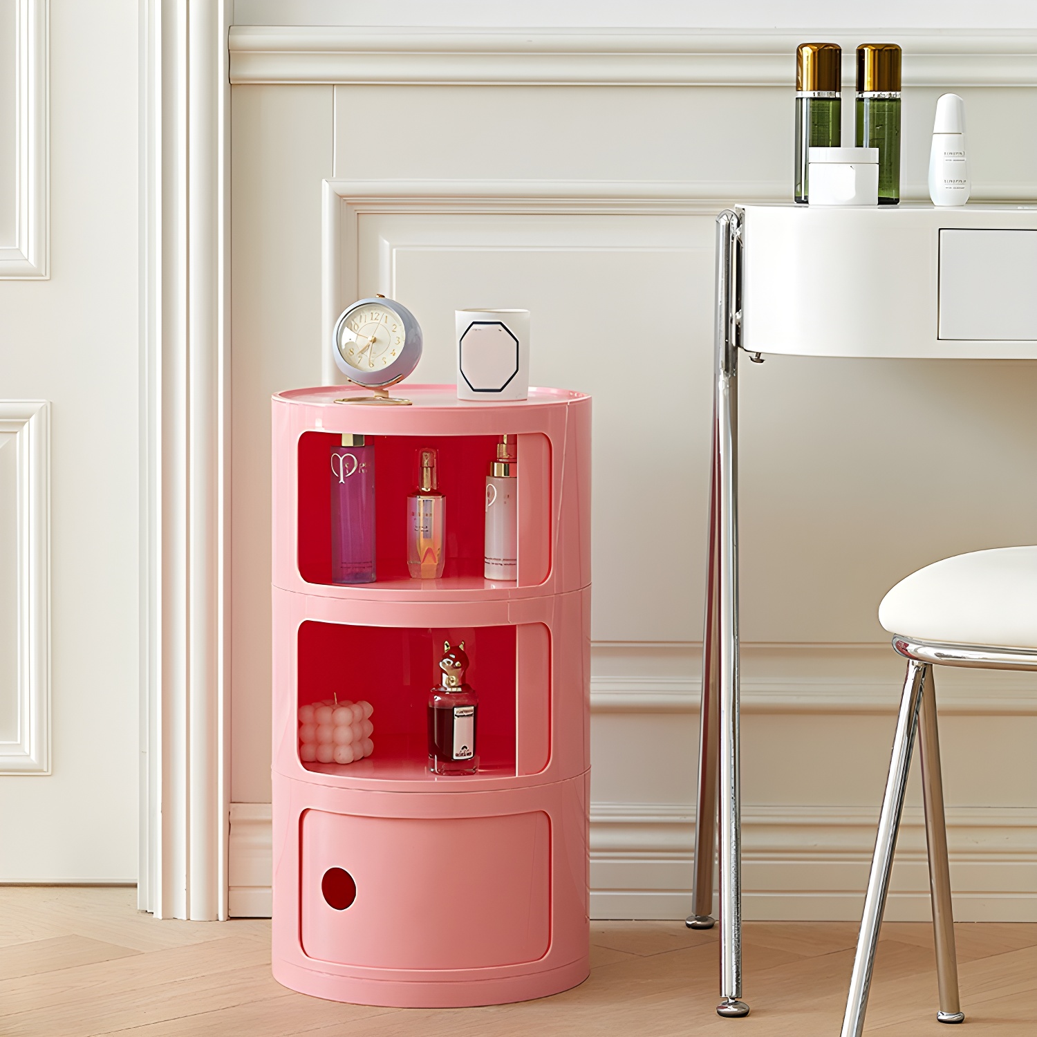 Modern Round Plastic Nightstand with Shelves and Cabinet Included in Narrow Size- 32cm x 32cm