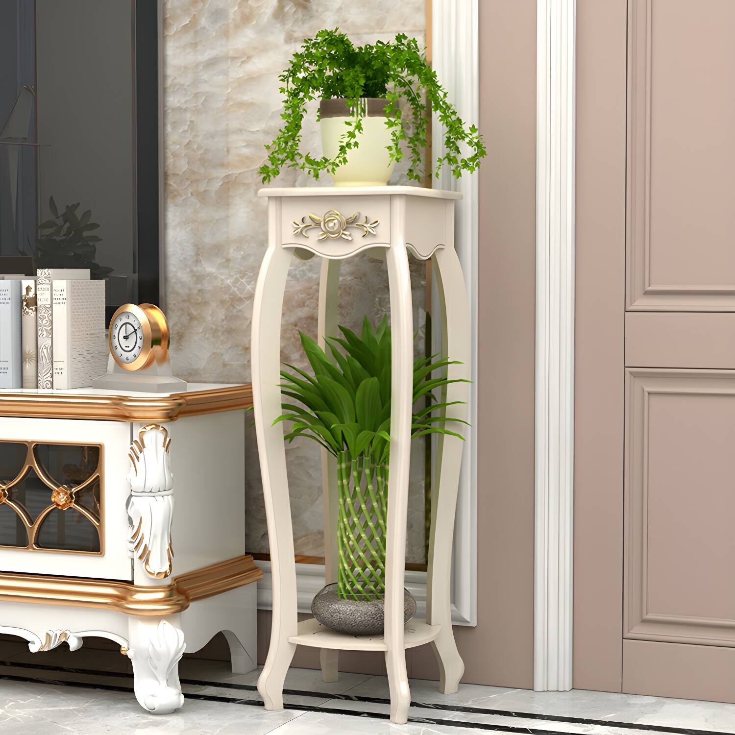 Multifunctional Wood Square Plant Table with 2-Tier Shelving