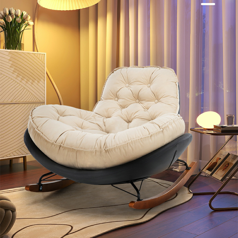 Modern Upholstered Rocking Chair - Stylish Indoor Seating with Natural Wood Legs and Tufted Design