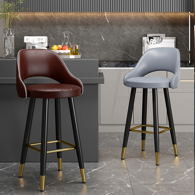 Glam Leather Rectangle Bar Stool with Low Back, Footrest, and Metal Frame in Black