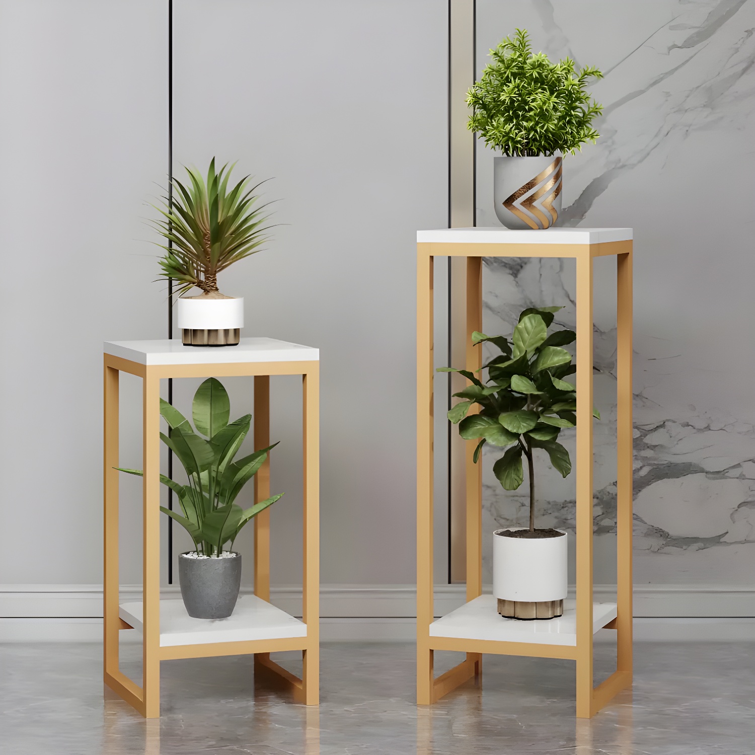 Elegance Home Furniture Gold and Marble Metal Sled Base 2-Tier Plant Stand