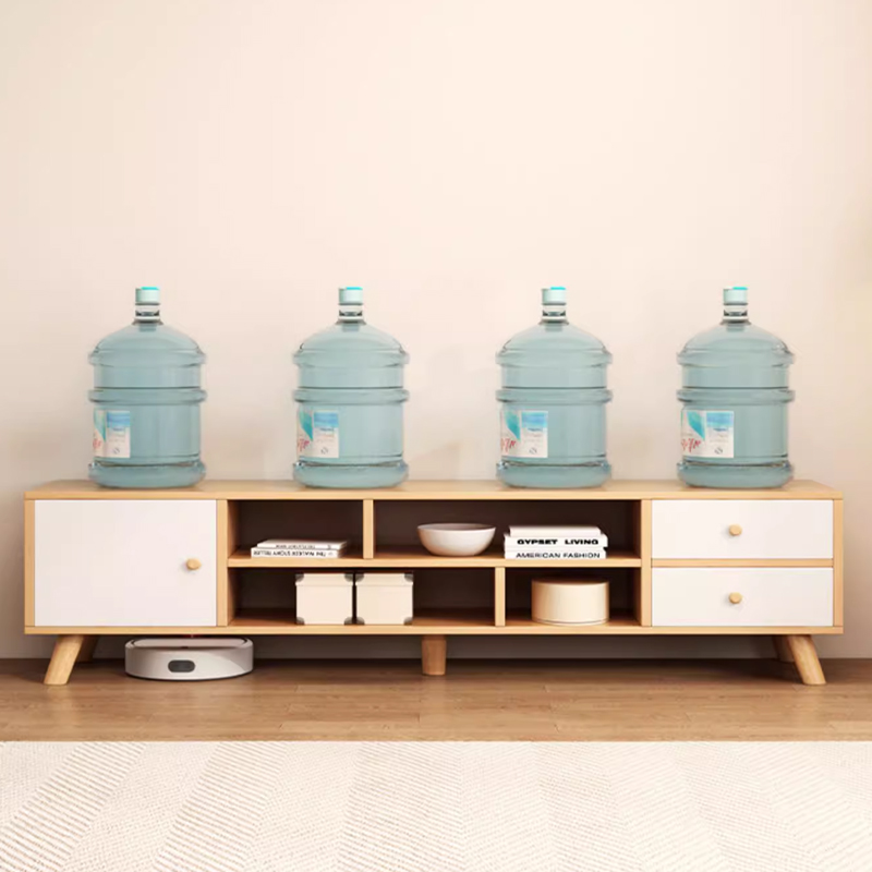 Light Wood TV Stand with Open Shelving and Drawer in a Modern Style