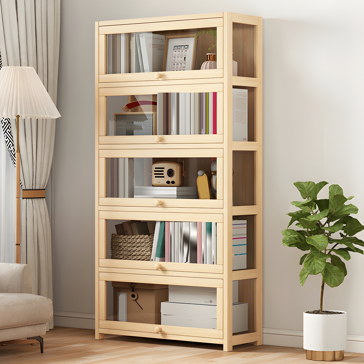 Stylish Scandinavian Natural Wood China Cabinet with Sliding Doors & Full Assembly Needed