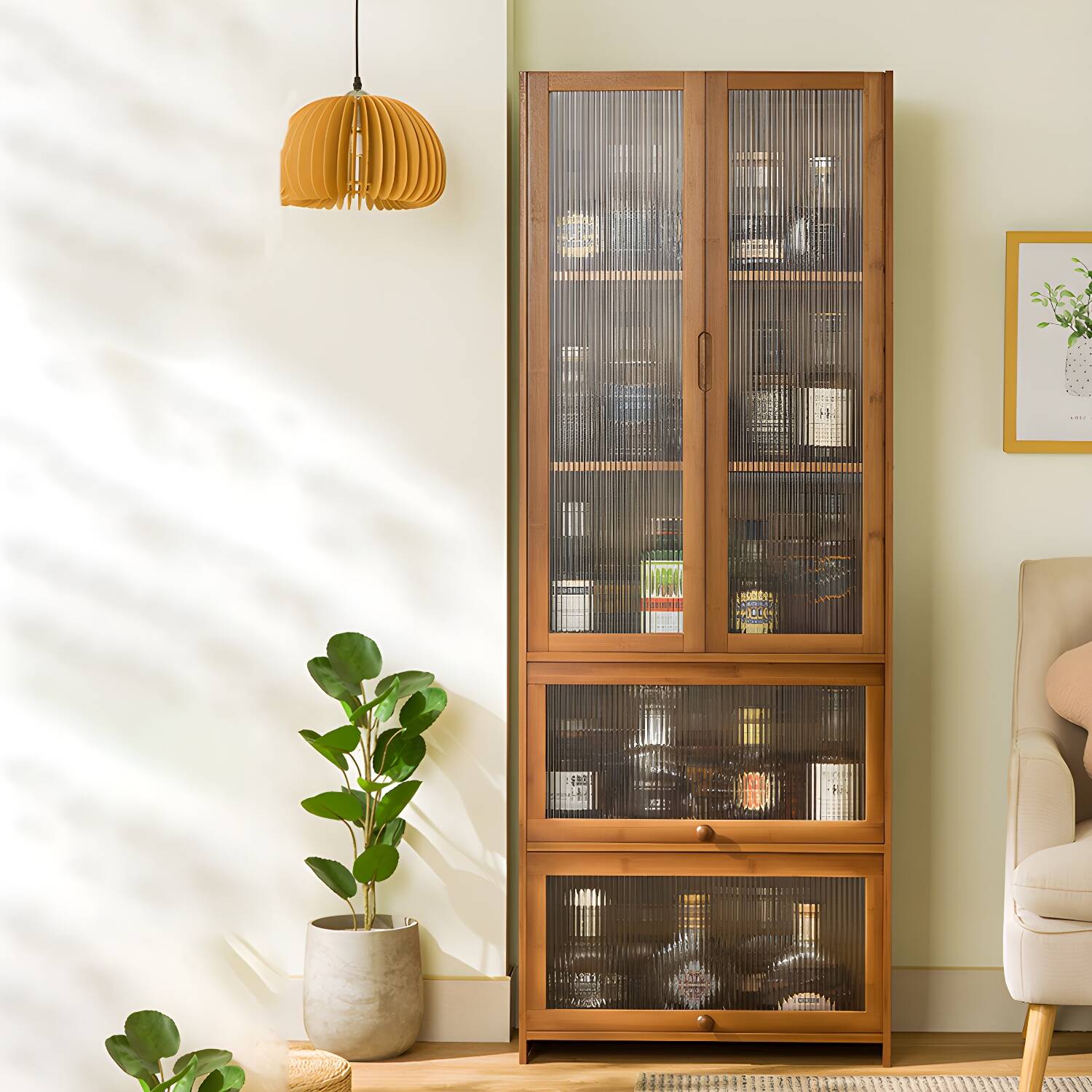 Elegant Bamboo China Cabinet with Wood Shelves & Hinged Door