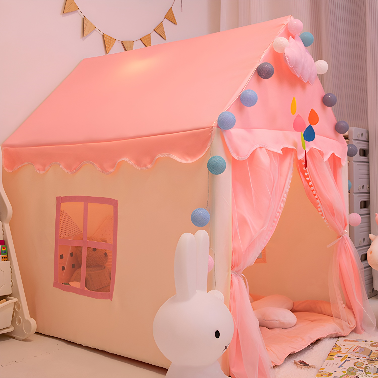 Cozy Cottage Style Play Tent with Lights and Windows - Perfect Indoor Playhouse for Kids