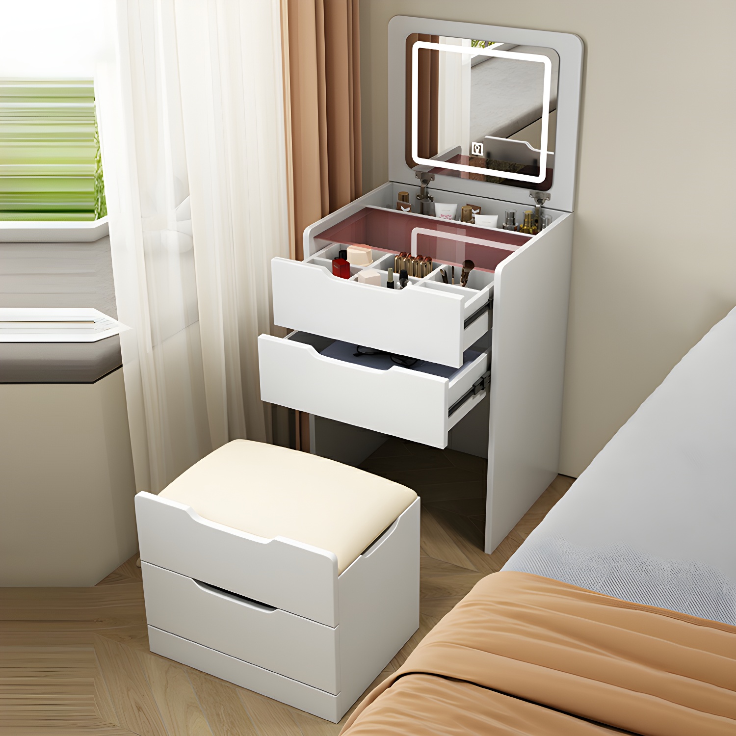 Modern White Wood Makeup Vanity with Flip-Top Mirror & Drawers