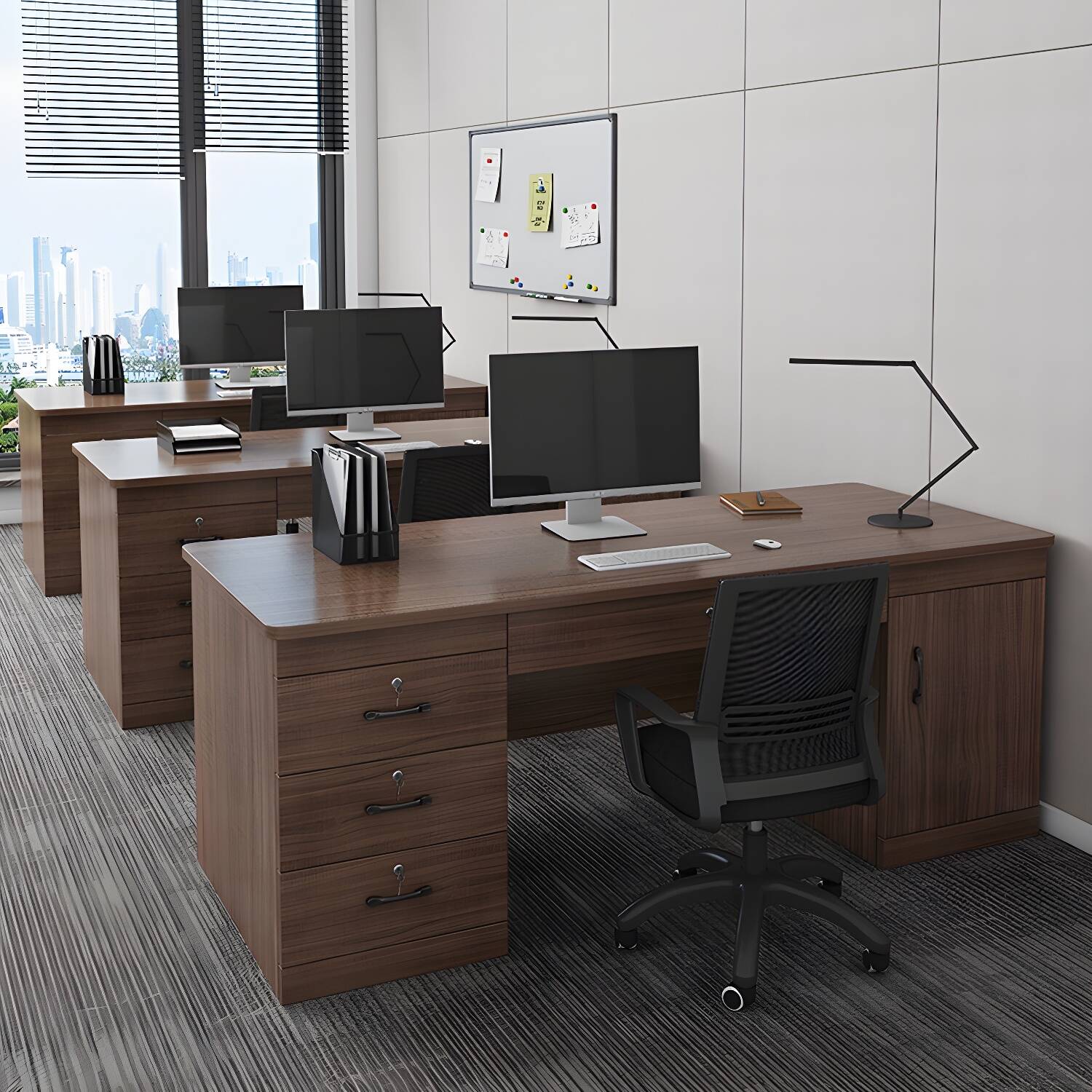 Contemporary Brown Wooden Office Desk with Locking Drawers and Cable Management