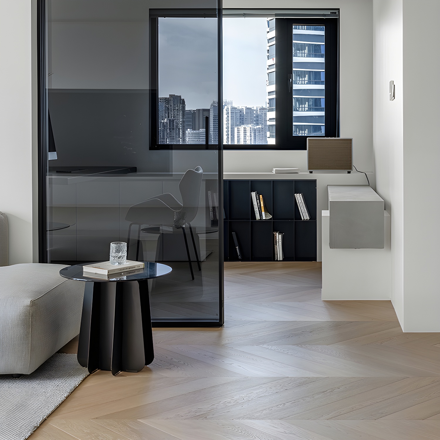 Beige Parquet Oak Hardwood Flooring with Wire-Brushed Texture and Tongue-and-Groove Installation