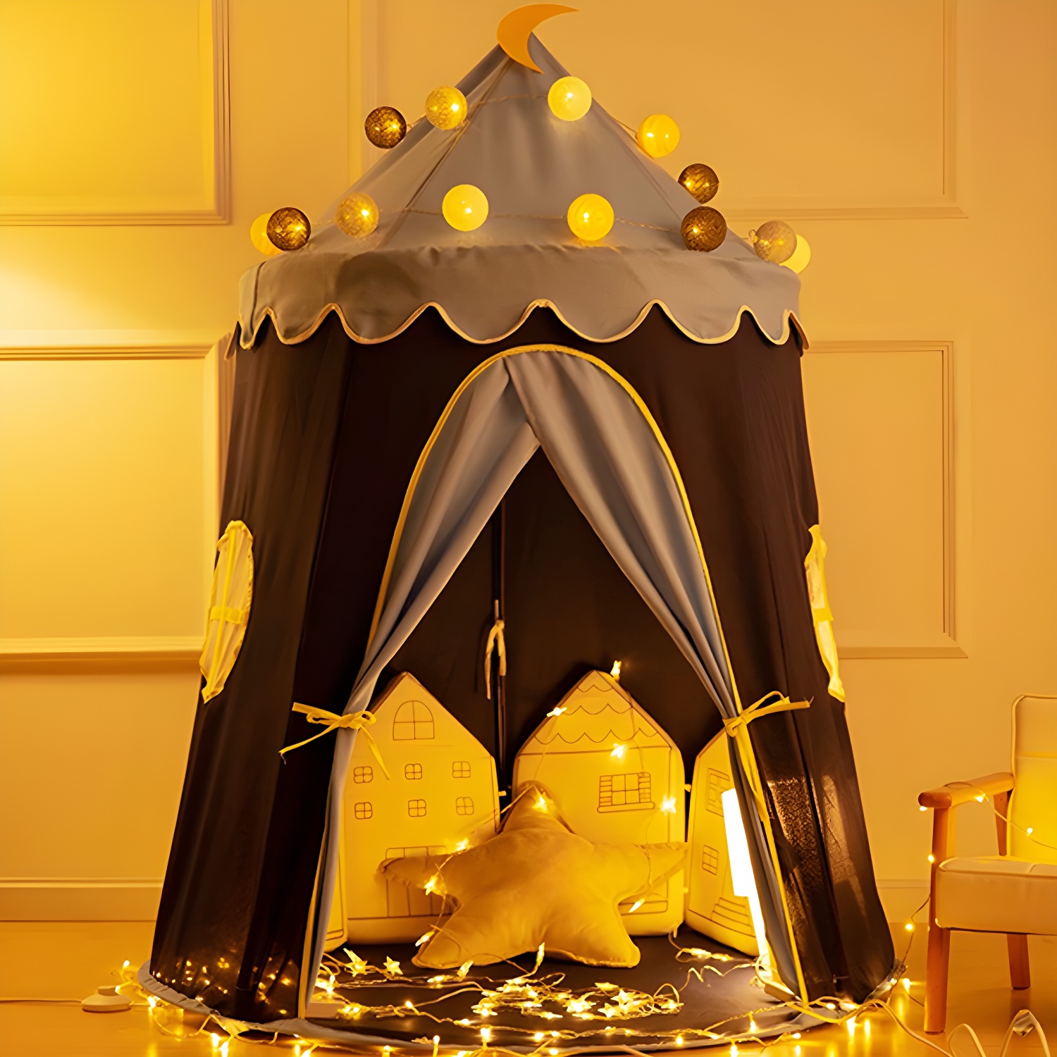 Castle-themed Play Tent & Lights - Fabric, 110cm x 110cm x 150cm