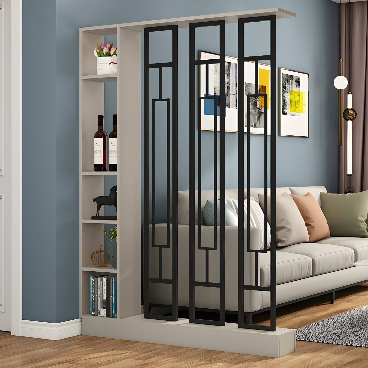 202cm Modern Wood Bookshelf with Translucent Screens and Multiple Shelves